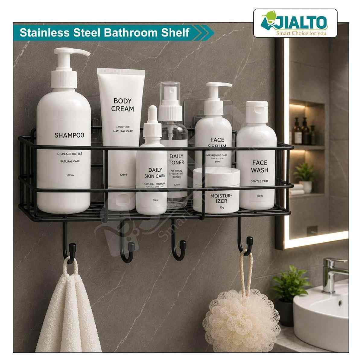 Bathroom Caddy Wall Shelf Rack with Hooks 11.5 x 27.5 x 10 cm
