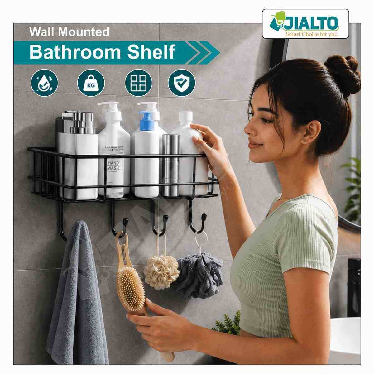 Bathroom Caddy Wall Shelf Rack with Hooks 11.5 x 27.5 x 10 cm