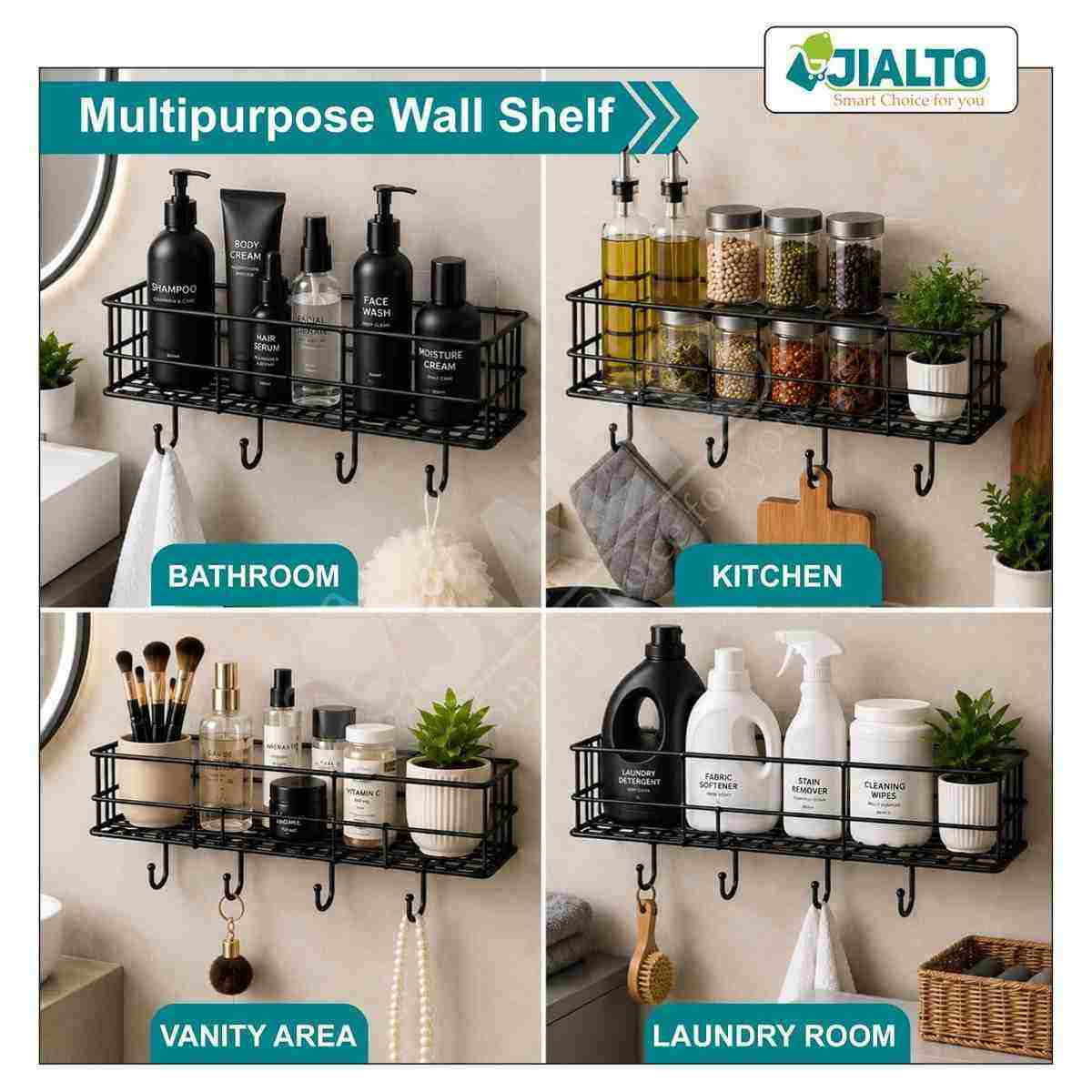Bathroom Caddy Wall Shelf Rack with Hooks 11.5 x 27.5 x 10 cm