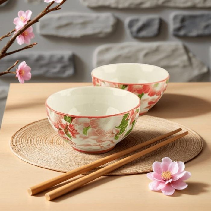 Set of two porcelain ceramic bowls with matching spoons by Arbaana, ideal for serving soups or salads.