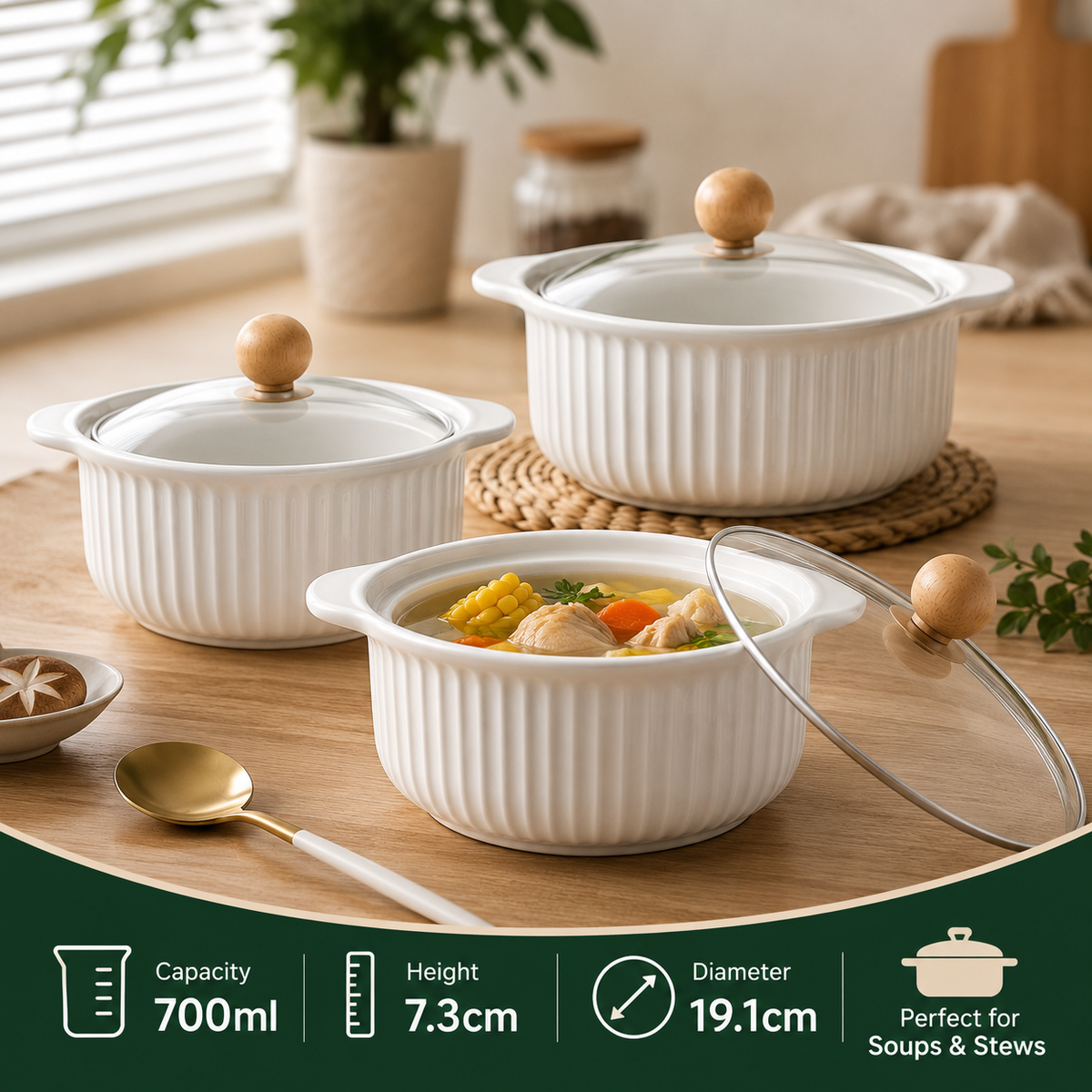 Ceramic Soup Pot with Glass Lid 1pcs