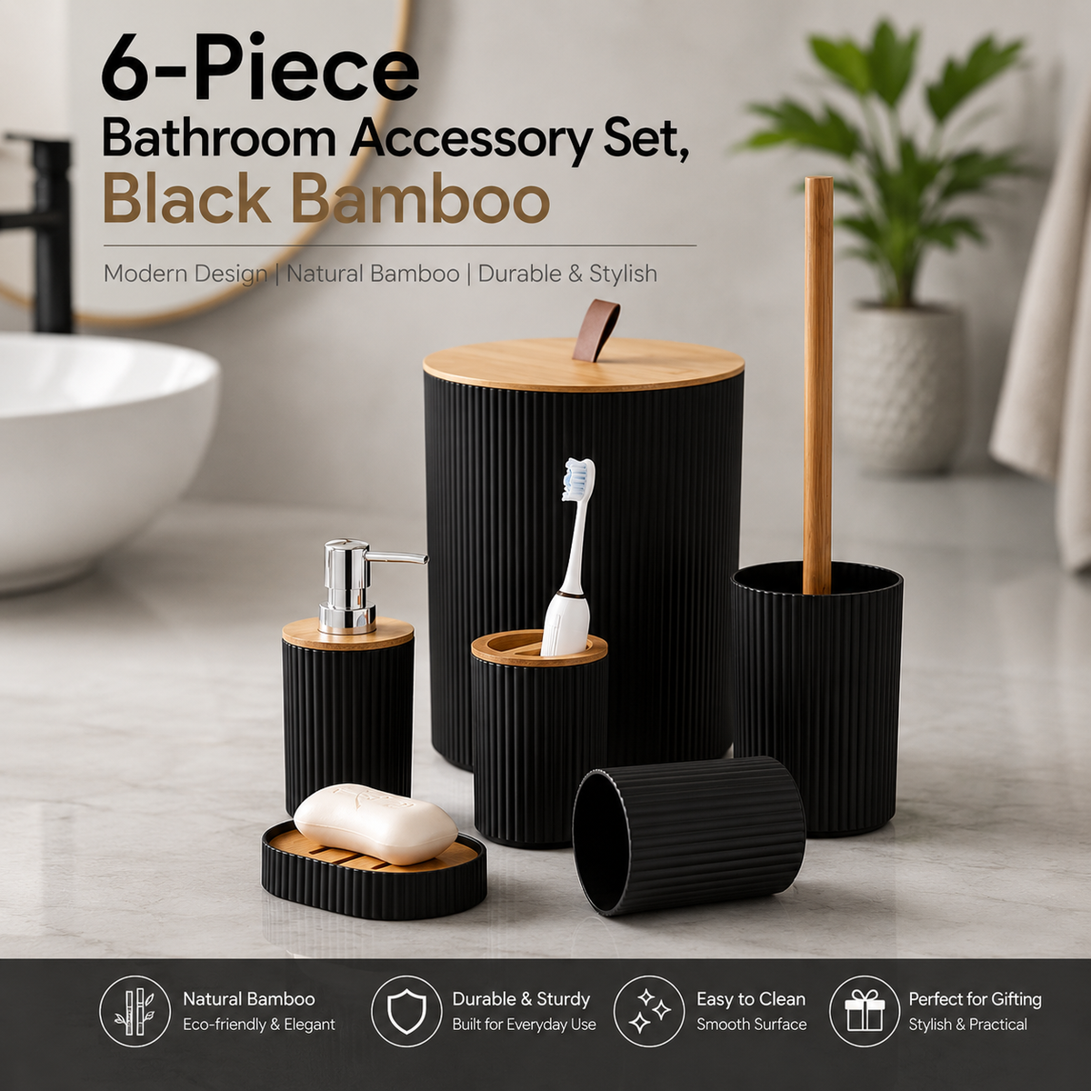 6-Piece Bathroom Accessory Set, Black Bamboo