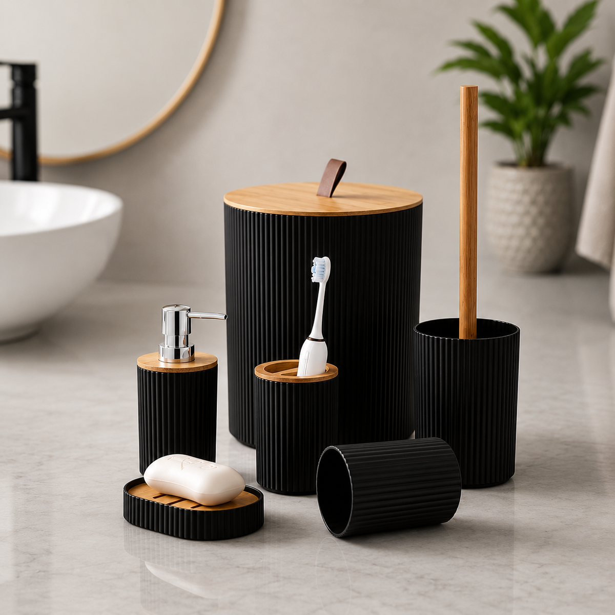 6-Piece Bathroom Accessory Set, Black Bamboo
