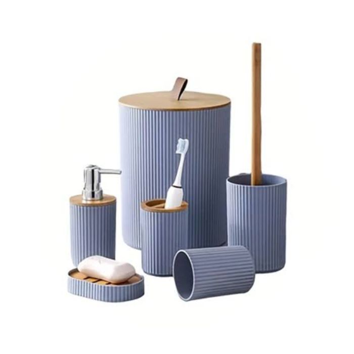 Arbaana 6-piece bathroom accessories set with ribbed blue and bamboo accents, including soap dispenser, toothbrush holder, and storage containers.