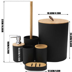 Arbaana 6-piece bathroom accessories set with ribbed blue and bamboo accents, including soap dispenser, toothbrush holder, and storage containers.