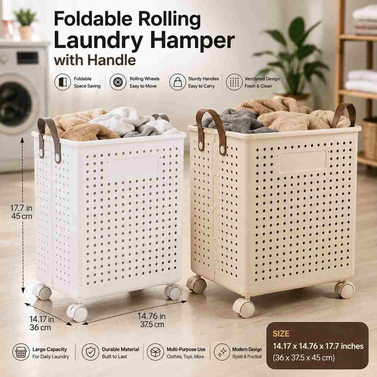 Foldable Rolling Laundry Hamper with Handle