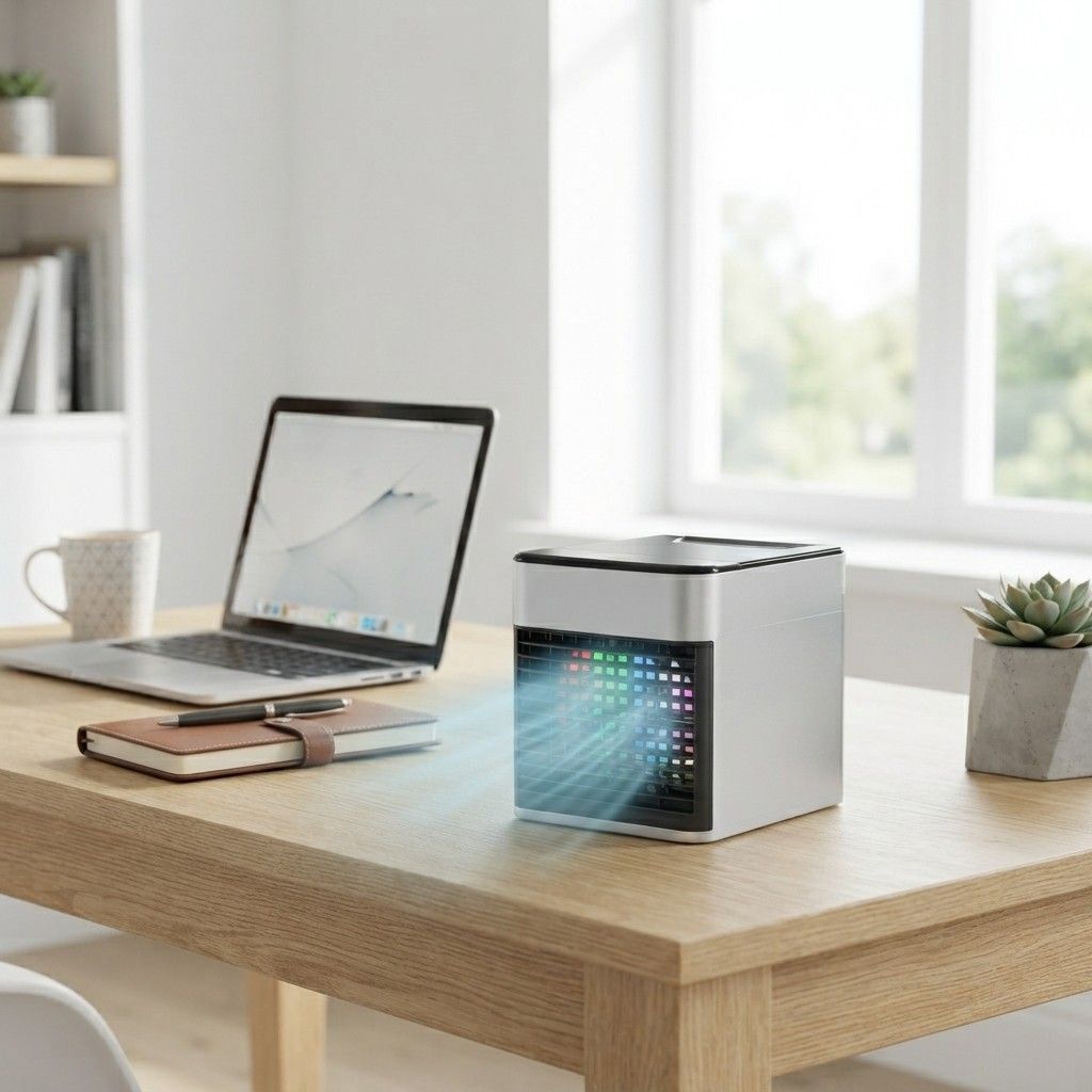 Arbaana portable mini AC cooler with LED light, compact device showing cooling vents and illuminated control panel.