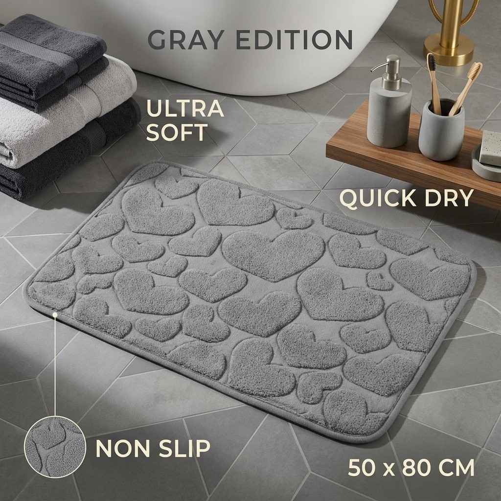 Arbaana Heart Memory Foam Non-Slip Bath Mat in 50x80cm with textured surface and non-slip backing for safety in the bathroom.