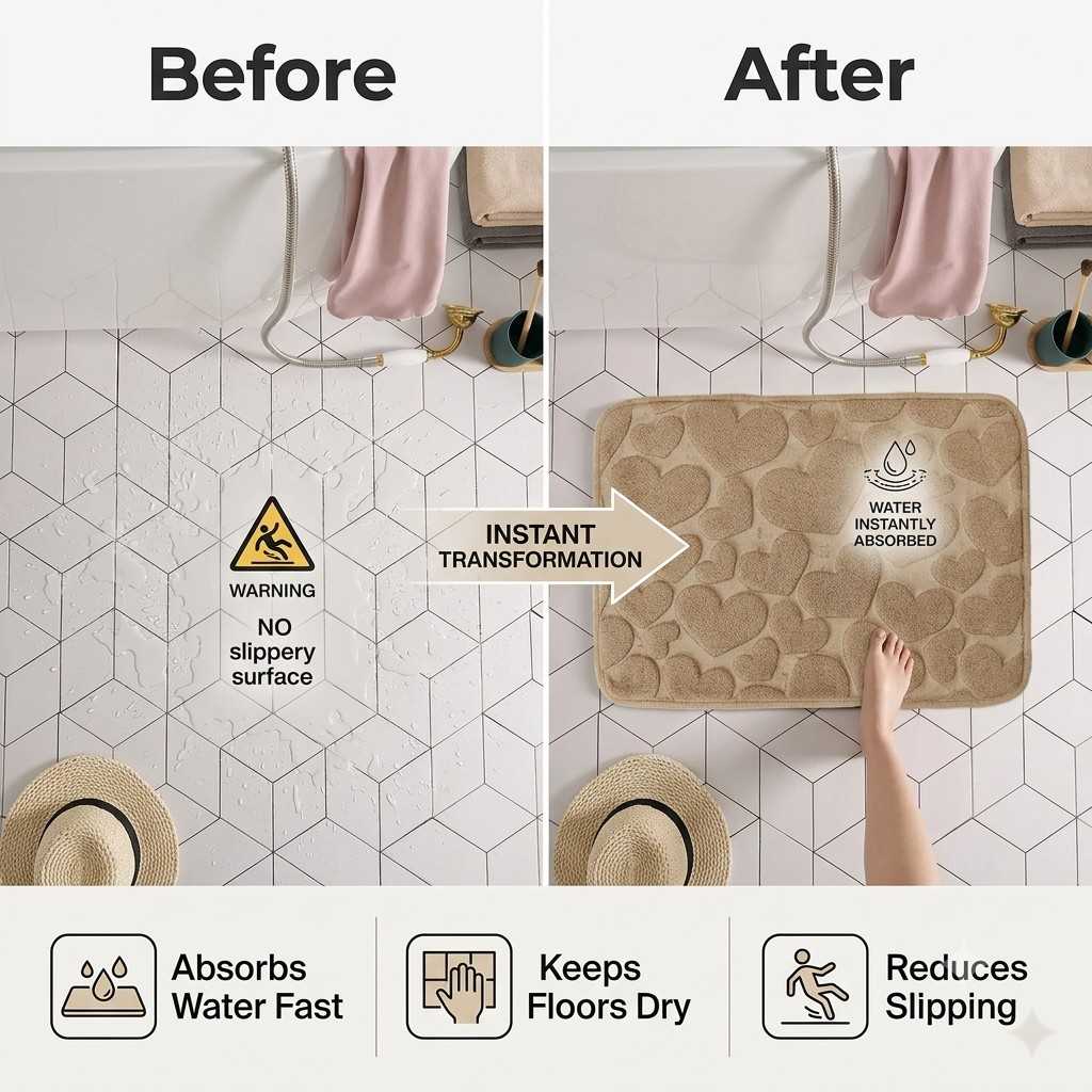 Arbaana heart-shaped memory foam non-slip bath mat in white, 50x80cm, with textured surface and non-slip backing.
