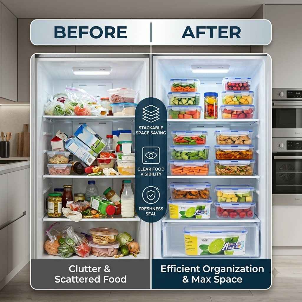 Set of square and round airtight food storage containers by Arbaana, clear plastic with secure lids for kitchen organization.