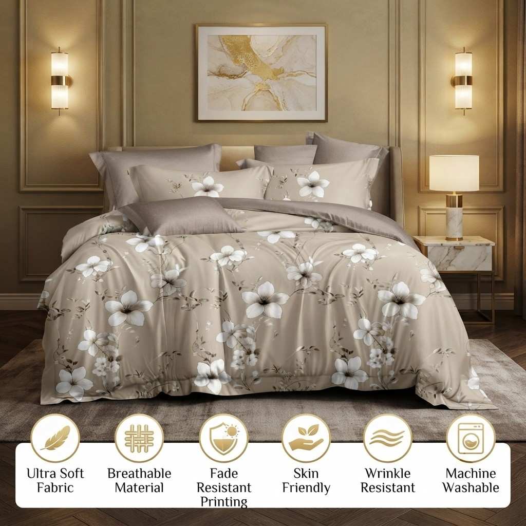 Arbaana luxury floral bedding set with soft comforter, featuring elegant floral patterns on high-quality fabric.