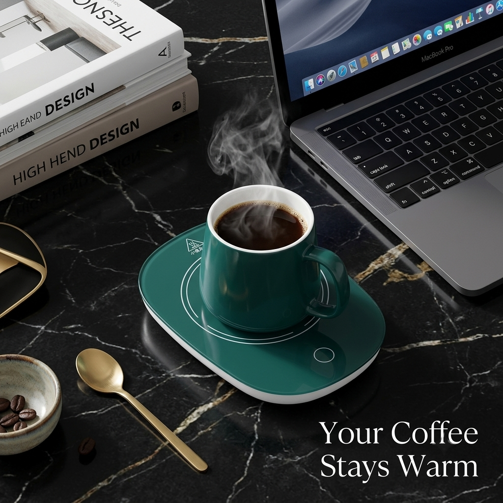 Arbaana electric mug warmer on desk pad with coffee and tea cups, designed to keep beverages warm.