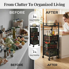 Arbaana multi-tier metal storage rack with wheels, featuring open shelves for versatile organization and mobility.