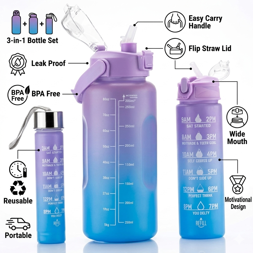 Arbaana 3-in-1 water bottle set with straw and handle, featuring a sleek, portable design for hydration on the go.
