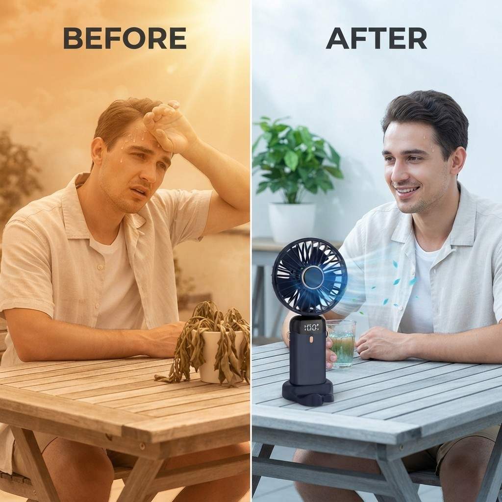 Arbaana portable USB rechargeable mini fan with adjustable blades, compact design, and built-in rechargeable battery.
