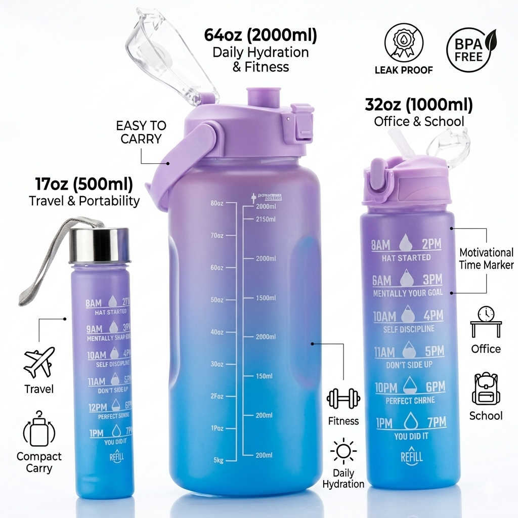 Arbaana 3-in-1 water bottle set with straw and handle, featuring a clear plastic design and ergonomic lid for easy drinking.