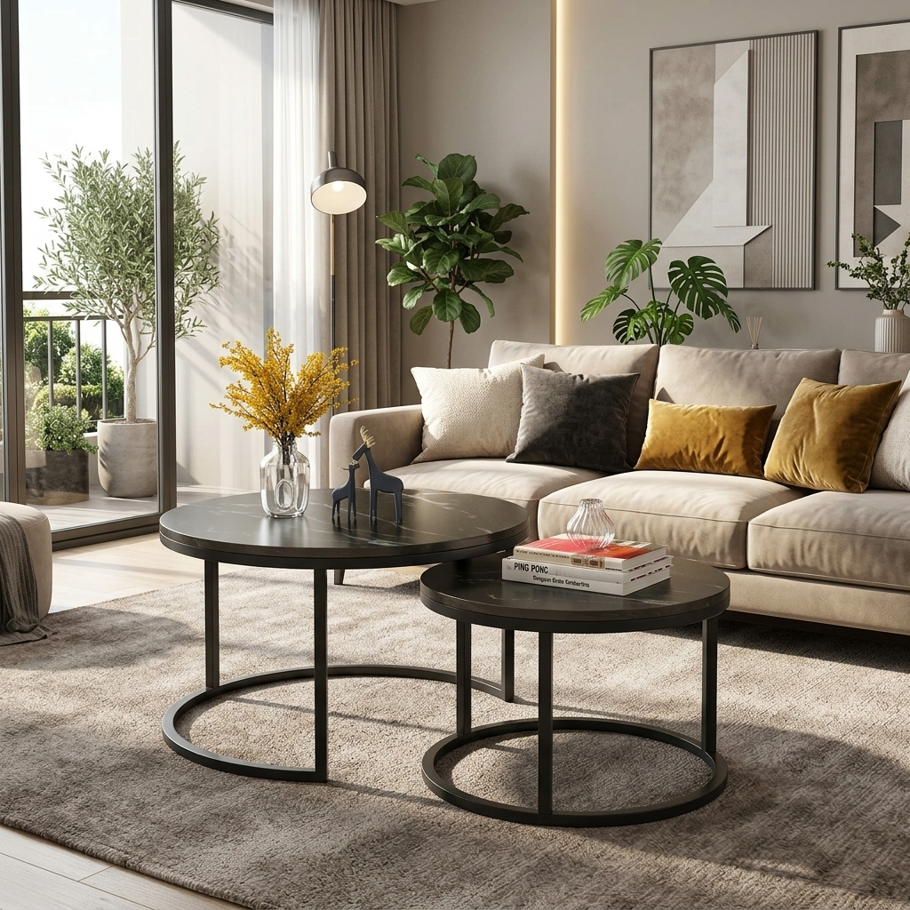 Luxury Black Marble Coffee Table Set