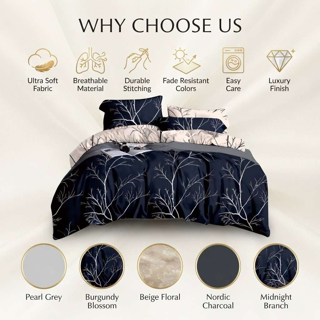 Arbaana luxury floral bedding set with a soft comforter featuring elegant floral patterns on a cozy bed.