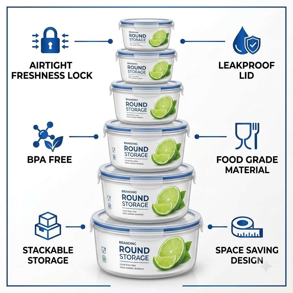 Set of arbaana square and round airtight food storage containers with clear lids for freshness and organization.