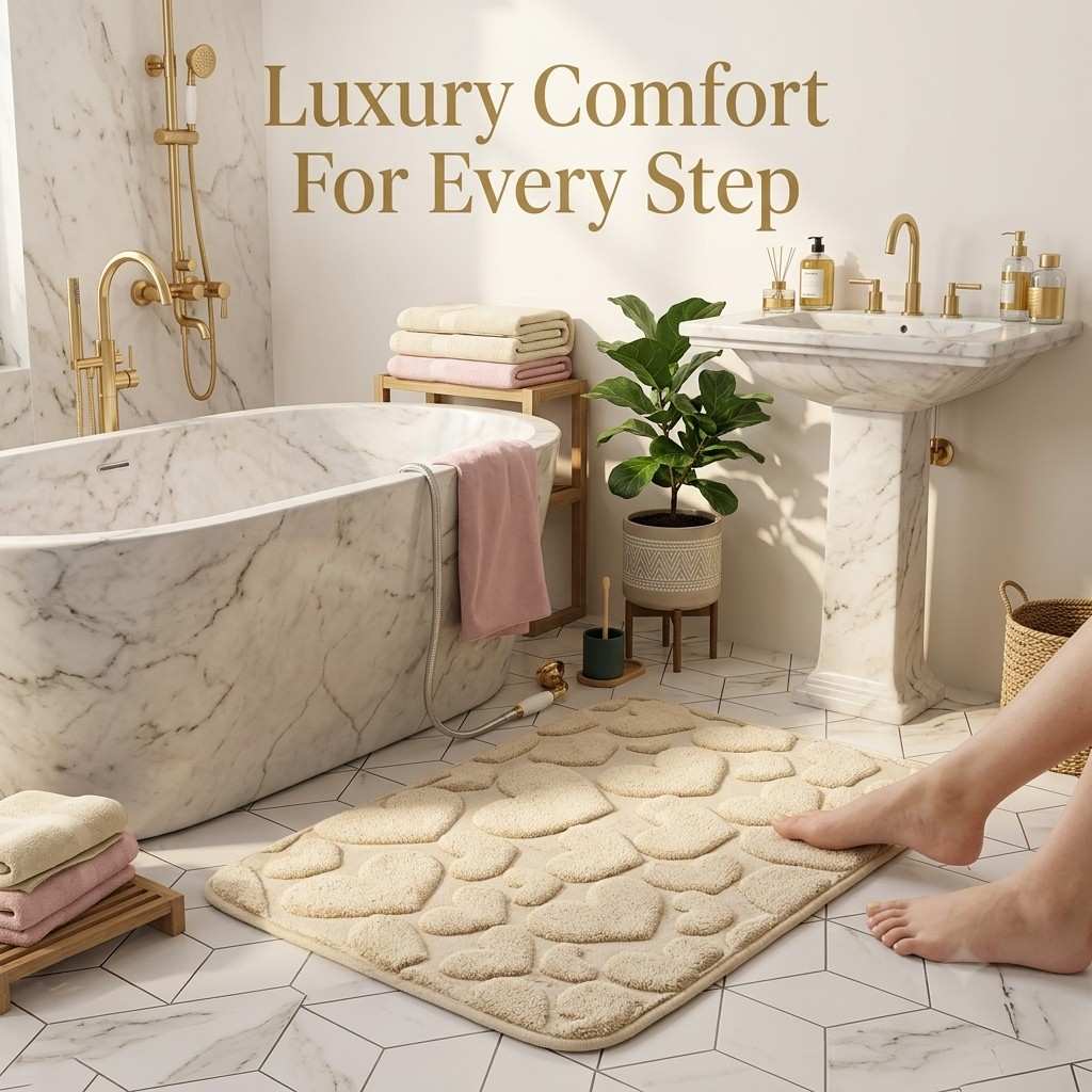 Arbaana heart-shaped memory foam bath mat in white, non-slip surface, 50x80cm, suitable for bathroom safety and comfort.