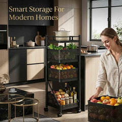 Arbaana multi-tier metal storage rack with wheels, featuring multiple shelves for organized storage and easy mobility.