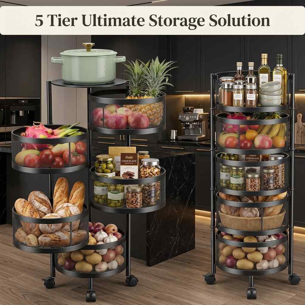 Arbaana metal multi-tier storage rack with wheels, featuring multiple shelves for organized storage and mobility.