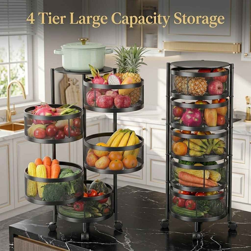 Arbaana multi-tier metal storage rack with wheels, featuring sturdy metal shelves for organized storage and mobility.