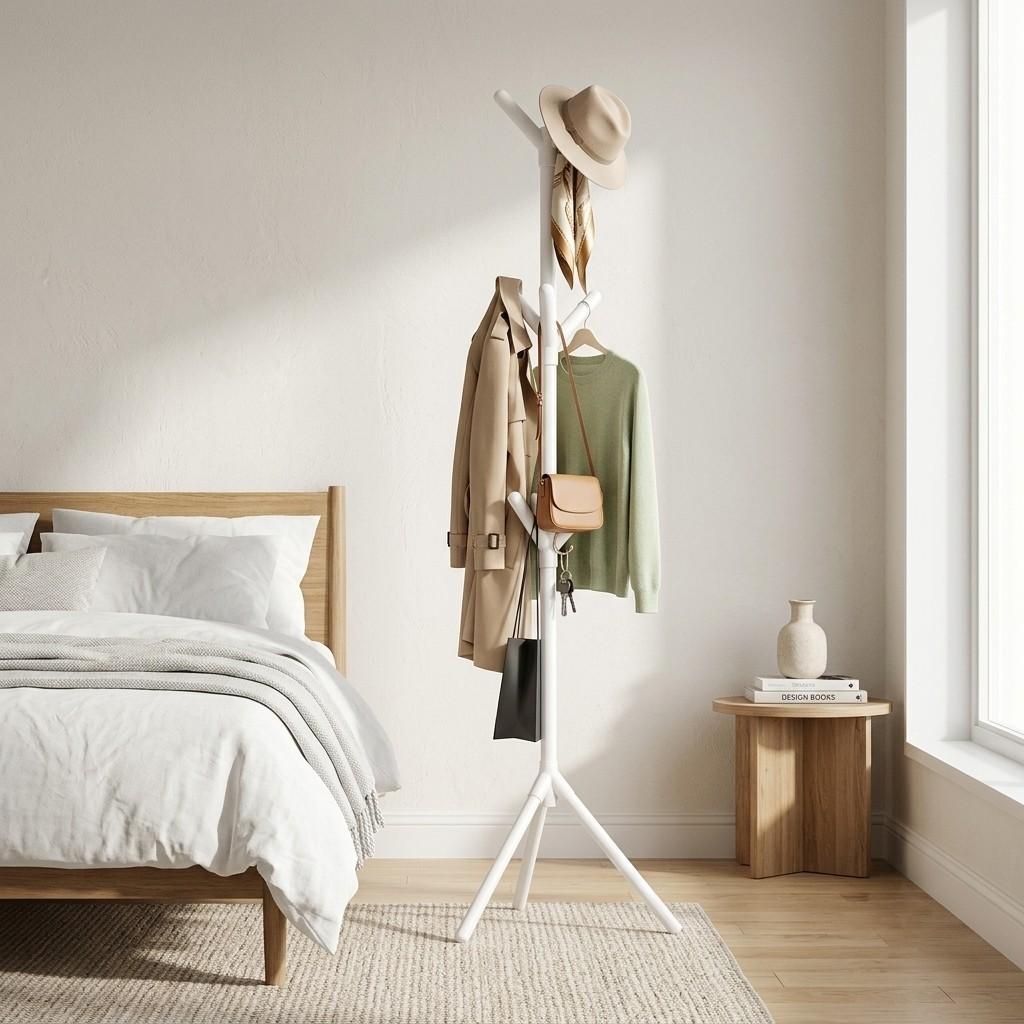 Modern freestanding coat rack organizer by Arbaana with multiple hooks and a sleek design for stylishly hanging coats and accessories.