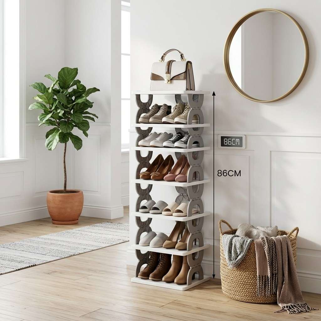 Arbaana 6-tier folding shoe rack organizer with metal frame and wooden shelves for compact shoe storage.