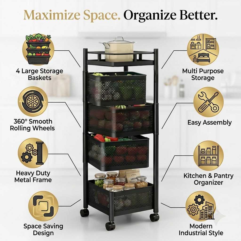 Arbaana multi-tier metal storage rack with wheels, featuring open shelves for organized storage and easy mobility.