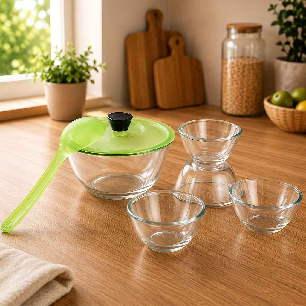 Glass Serving Bowl Set with Lid & Spoon