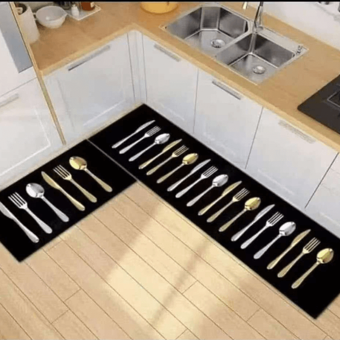 Arbaana 2-piece kitchen rug set with anti-slip mats and washable floor runners, in neutral colors for safety and comfort.