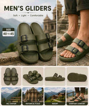 Men's olive green double-strap slide gliders shown in multiple views, including a close-up of a person's feet wearing them outdoors, product-only shots on stone surfaces, and a bottom row of lifestyle scene examples. Text at the top reads 'MEN'S GLIDERS' with descriptors 'Soft • Light • Comfortable' and a size callout 'SIZE 40 to 45'.