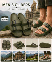 Men's olive green double-strap slide gliders shown in multiple views, including a close-up of a person's feet wearing them outdoors, product-only shots on stone surfaces, and a bottom row of lifestyle scene examples. Text at the top reads 'MEN'S GLIDERS' with descriptors 'Soft • Light • Comfortable' and a size callout 'SIZE 40 to 45'.