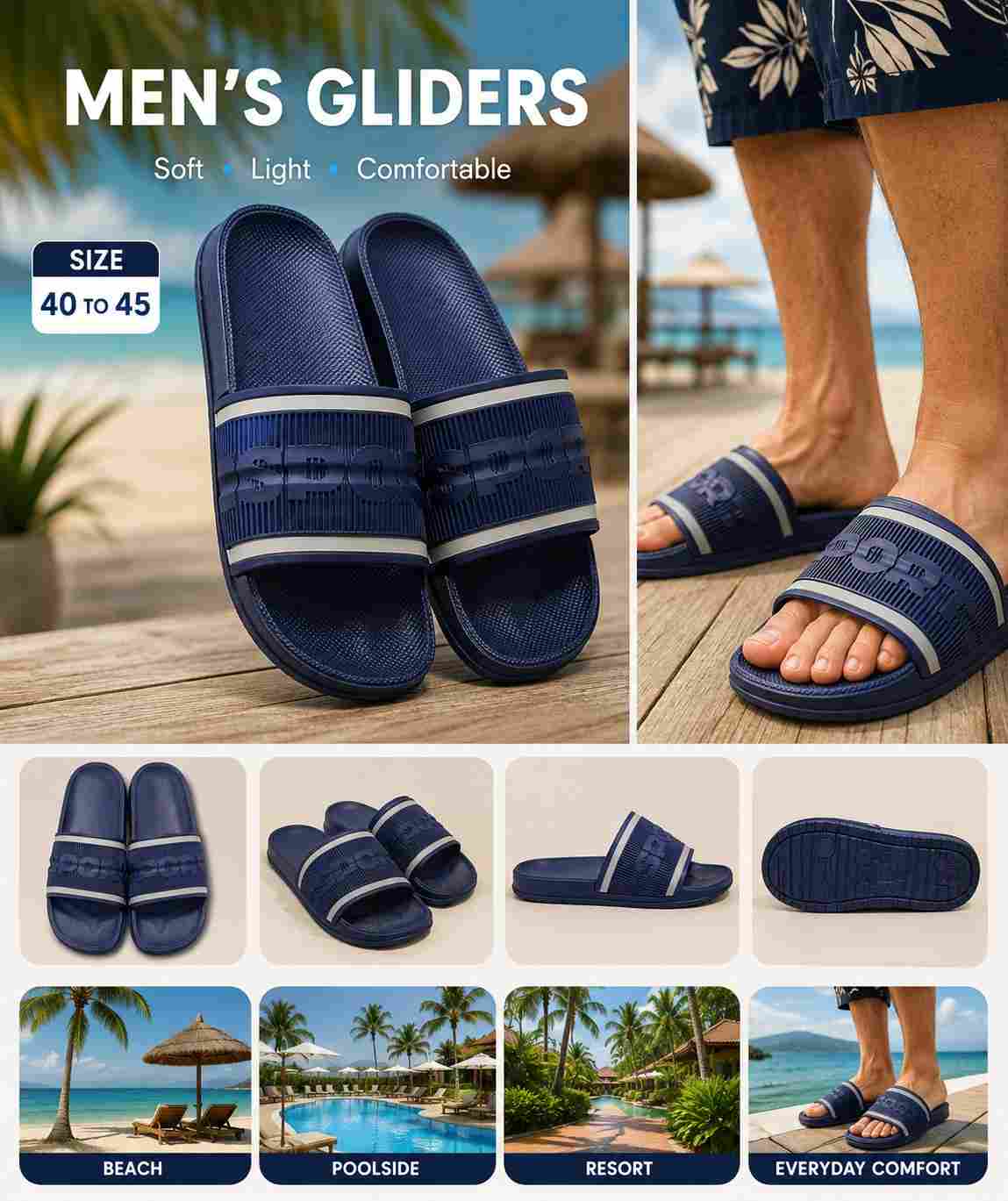 Men's Sport Slides Gliders Navy Cushioned