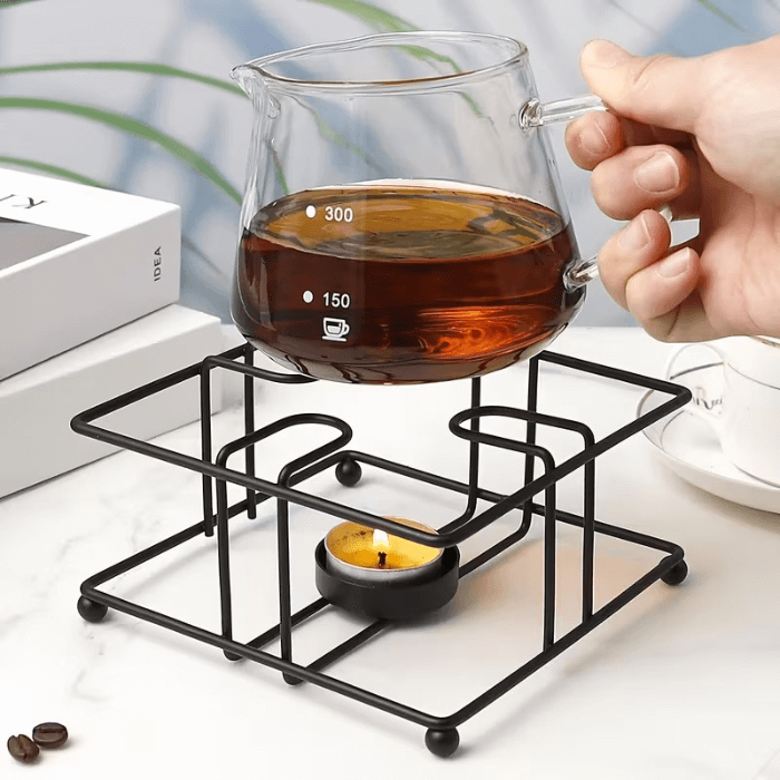 Arbaana metal tea and coffee heater stand with a warmer rack, designed for kitchen use and beverage warmth.