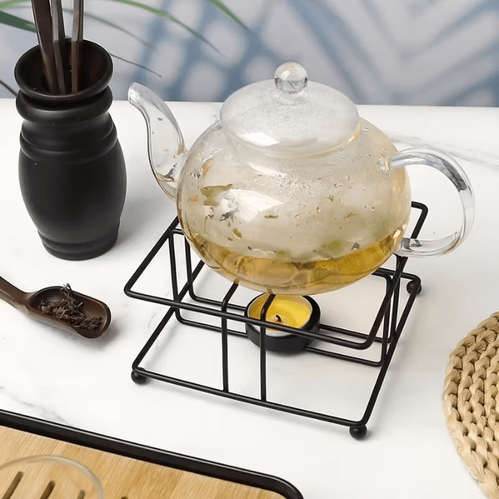 Arbaana metal tea and coffee heater stand and warmer rack for kitchen, featuring a sturdy metal holder for hot beverage accessories.