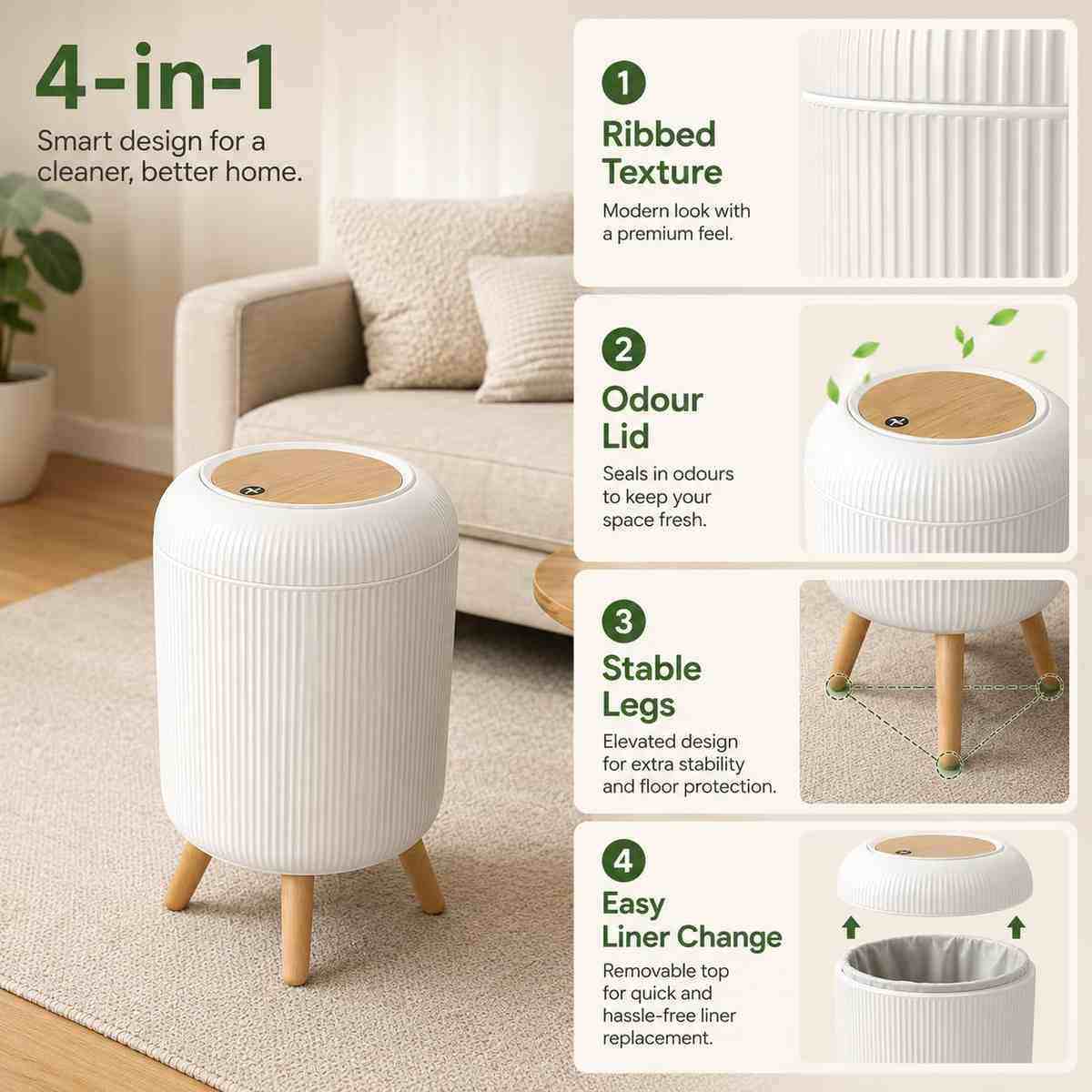 Modern Floor-Standing Dustbin with Legs, White