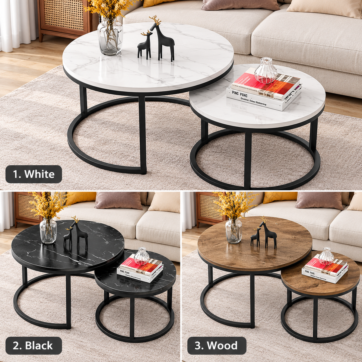 Round Nesting Tables/Set Of 2/ Coffee Table/End Table Modern Living Room Couch Table Black Metal Base,70cmx45cm/50cmx38cm