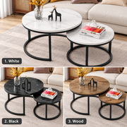 Round Nesting Tables/Set Of 2/ Coffee Table/End Table Modern Living Room Couch Table Black Metal Base,70cmx45cm/50cmx38cm