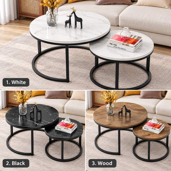 Round Nesting Tables/Set Of 2/ Coffee Table/End Table Modern Living Room Couch Table Black Metal Base,70cmx45cm/50cmx38cm