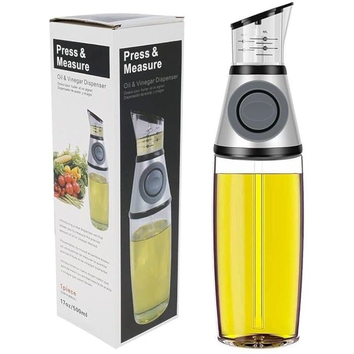 Press & Measure Oil Dispenser 500ml | Non-Drip Glass Olive Oil & Vinegar Bottle