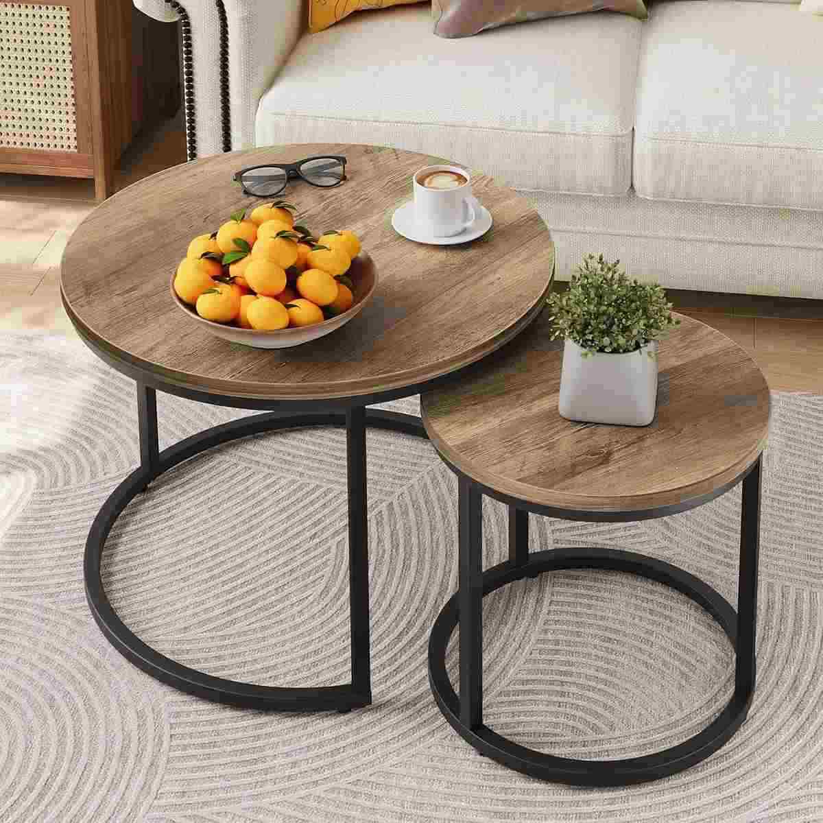 Round Nesting Tables/Set Of 2/ Coffee Table/End Table Modern Living Room Couch Table Black Metal Base,70cmx45cm/50cmx38cm