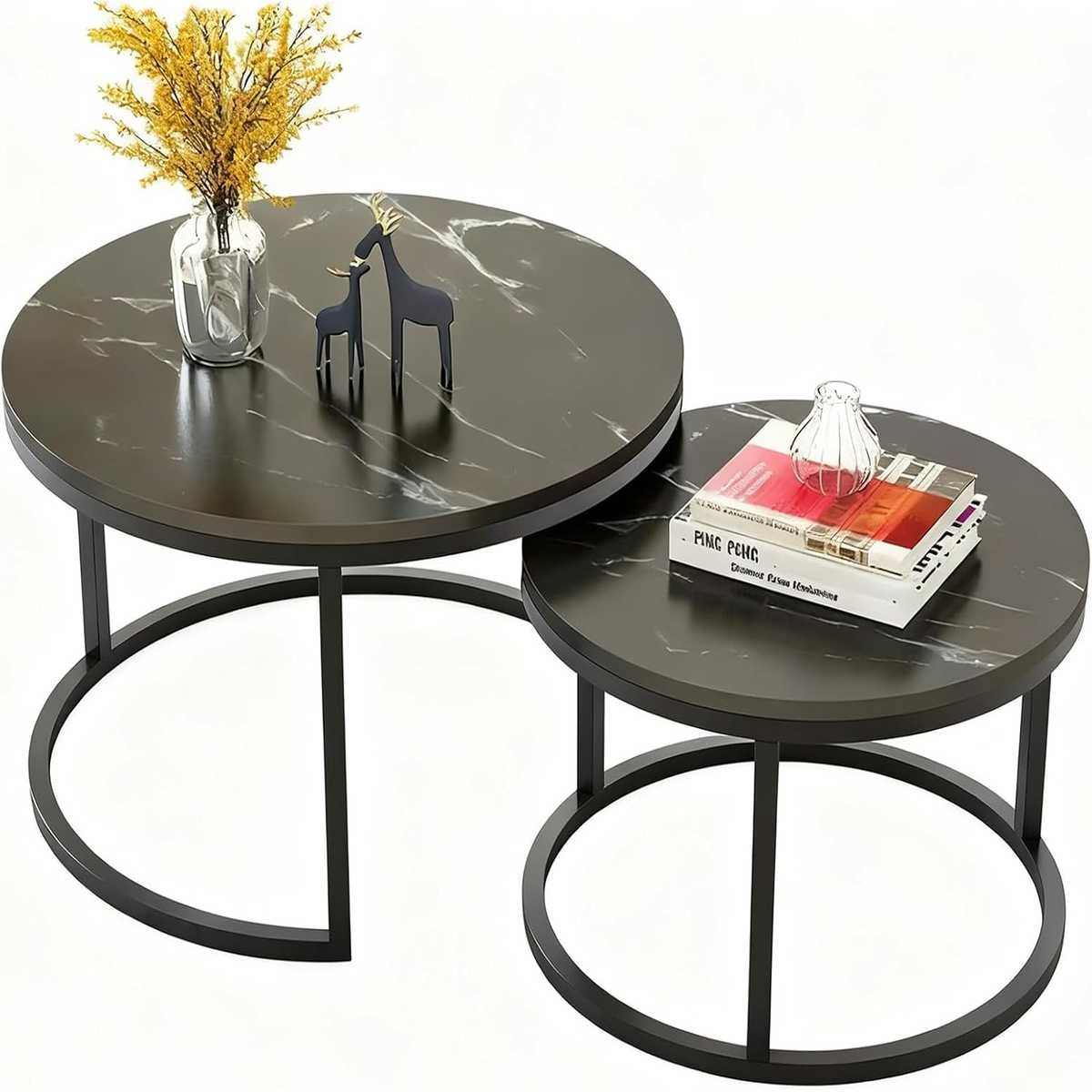 Round Nesting Tables/Set Of 2/ Coffee Table/End Table Modern Living Room Couch Table Black Metal Base,70cmx45cm/50cmx38cm