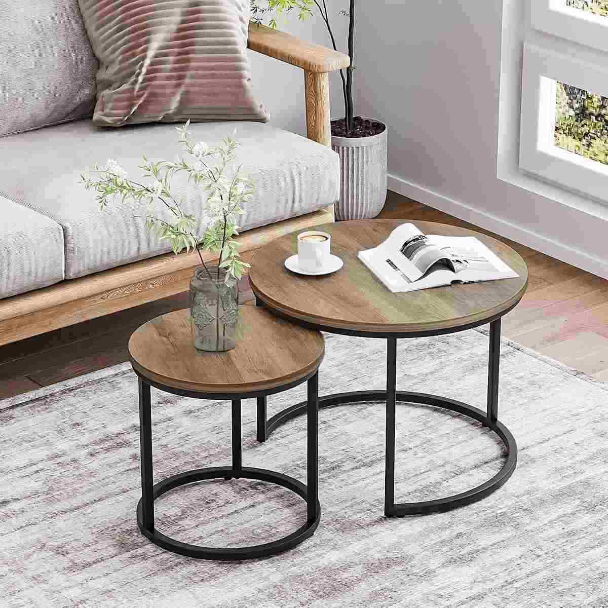 Round Nesting Tables/Set Of 2/ Coffee Table/End Table Modern Living Room Couch Table Black Metal Base,70cmx45cm/50cmx38cm