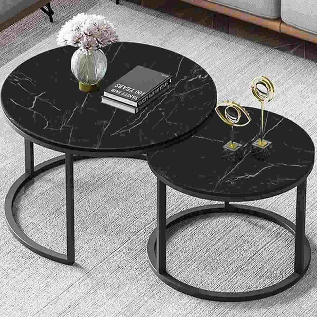 Round Nesting Tables/Set Of 2/ Coffee Table/End Table Modern Living Room Couch Table Black Metal Base,70cmx45cm/50cmx38cm