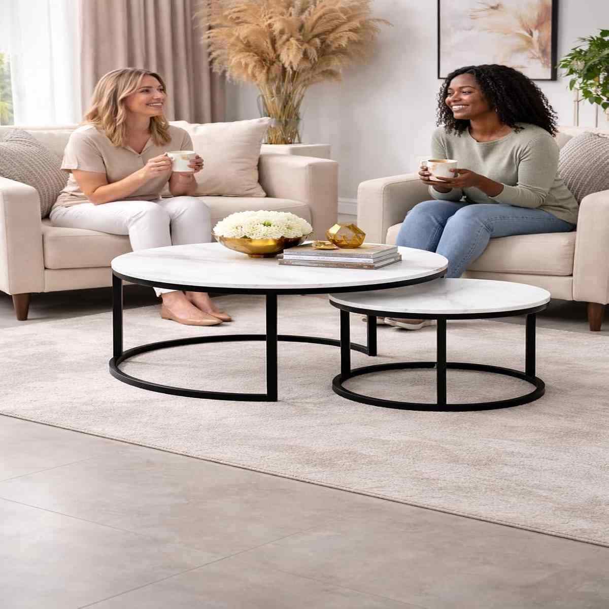Round Nesting Tables/Set Of 2/ Coffee Table/End Table Modern Living Room Couch Table Black Metal Base,70cmx45cm/50cmx38cm