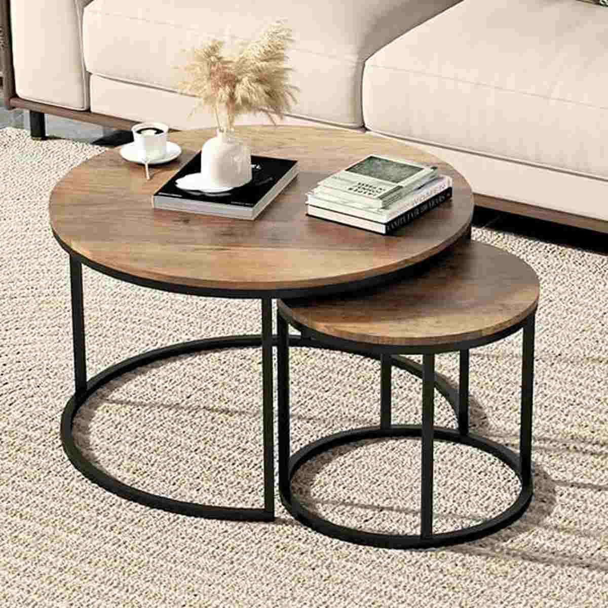 Round Nesting Tables/Set Of 2/ Coffee Table/End Table Modern Living Room Couch Table Black Metal Base,70cmx45cm/50cmx38cm