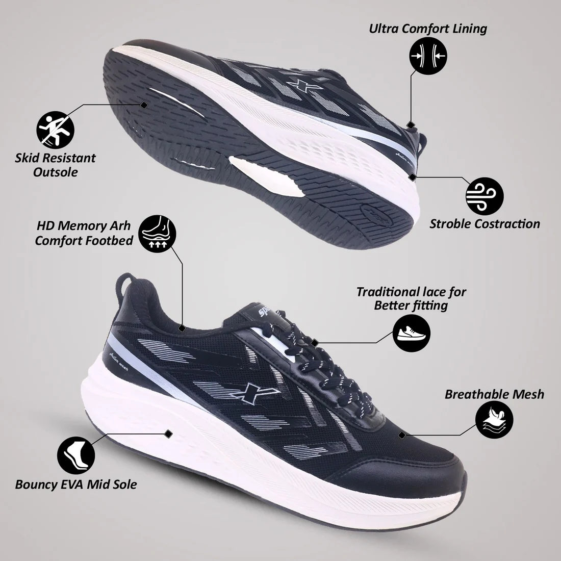 Sparx Men's Active Wear Running Shoes Black White