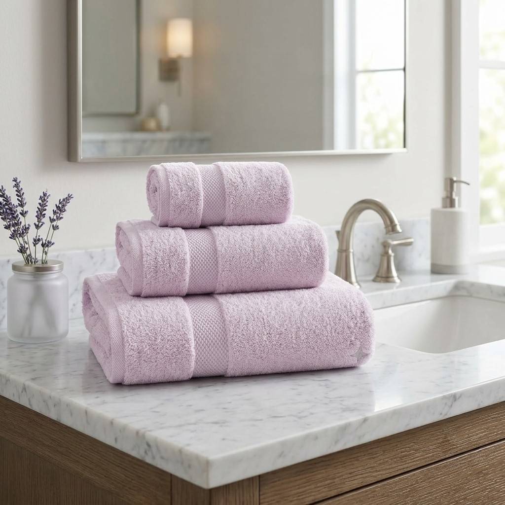 Stack of pink towels on a marble countertop in a bathroom.